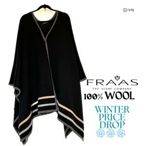 V-FRAAS 100% Wool Ruana/Poncho Black/Camel/Grey One Size Excellent Condition